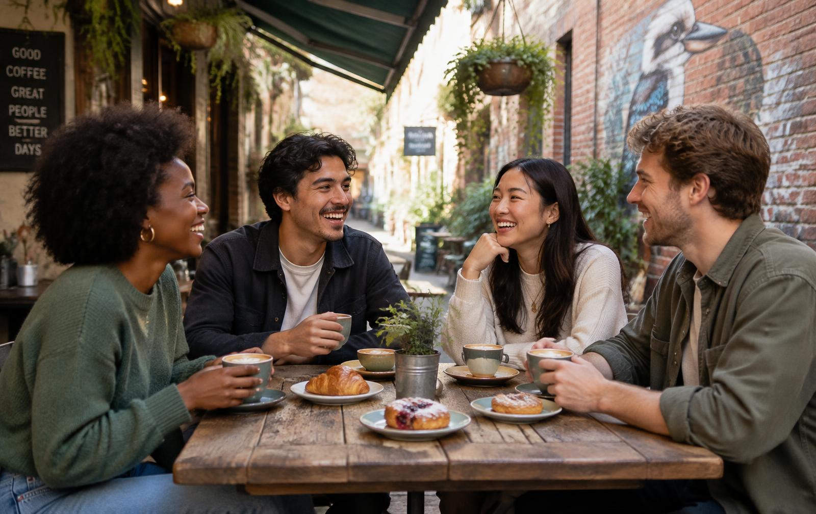 Four We Belong members in their twenties laughing over coffee at a laneway café