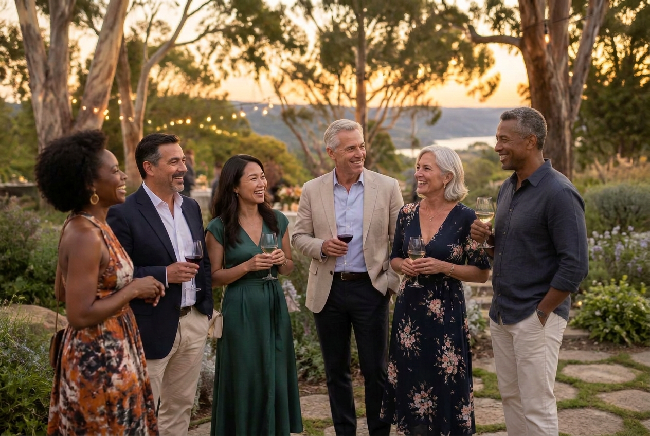 Members chatting at an evening garden gathering