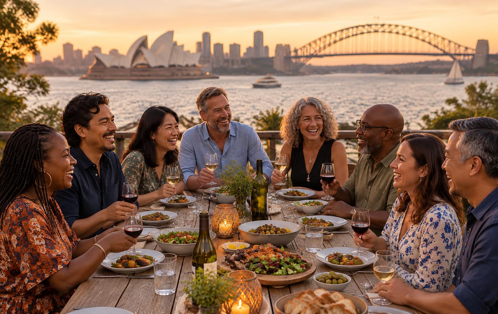 Friends sharing dinner overlooking Sydney Harbour